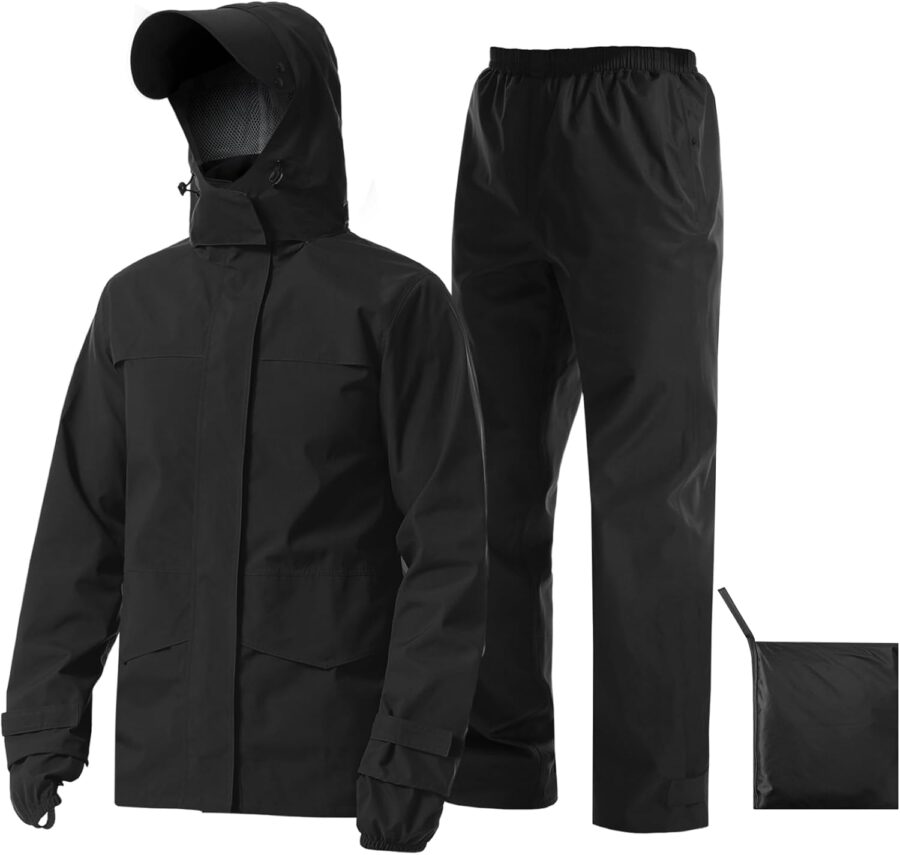 Rain Suit Waterproof Jacket with Pants 2 Pieces Breathable Lightweight Packable Raincoat with Hooded Rain Gear Unisex