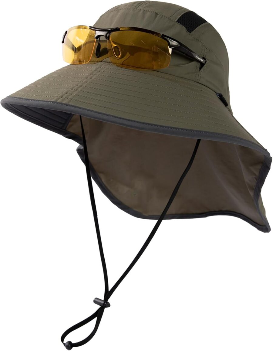 Unisex men Sun Hat with Neck Flap Sunglass Lock UPF 50 Wide Brim Fishing Hats Waterproof & Packable