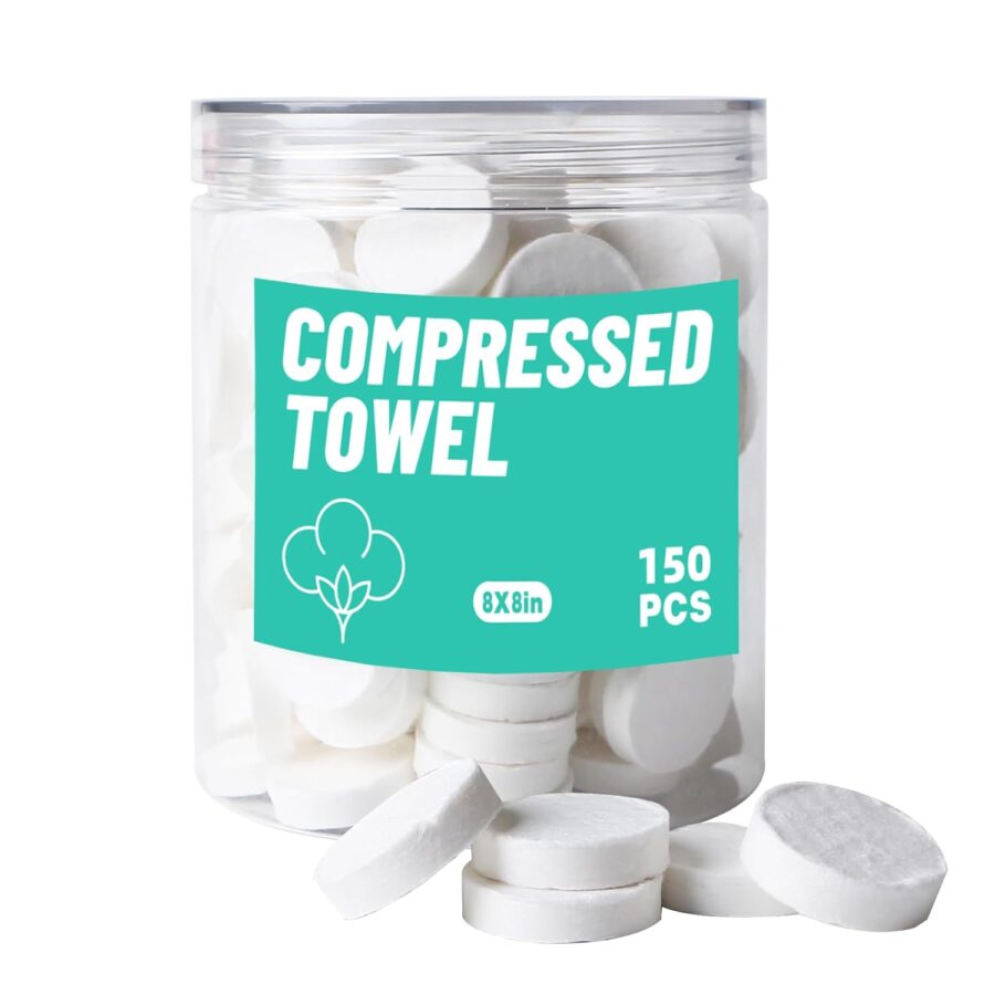 Compressed Towels, Camping Towels, Magic Cotton Wipes, Disposable Facial Towels, High-Capacity Tl/Camping/Hiking, 150Pcs/9X9" (white pearl pattern)