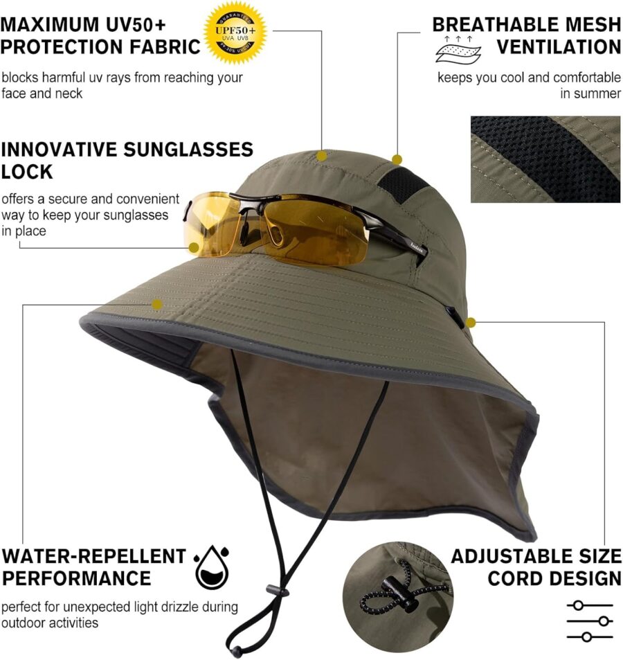 Unisex men Sun Hat with Neck Flap Sunglass Lock UPF 50 Wide Brim Fishing Hats Waterproof & Packable - Image 2