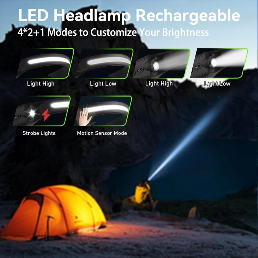 Led Headlamp Rechargeable, Headlight Headband Light Lumen with Red Motion Sensor Battery Powered, 230° Wide Beam Super Bright Head Lights for Forehead, Running Headlamp for Outdoor Camping, Working - Image 2
