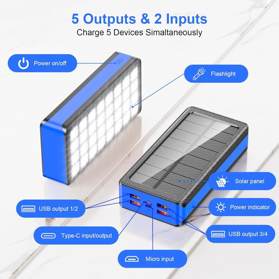 Solar Charger Power Bank 66800mAh Portable Charger with USB-C in/Output 22.5W QC3.0 Fast Charging 5 Out Ports Battery Pack Built-in 32 Led Flashlights for iPhone Samsung Tablet Camping - Image 2