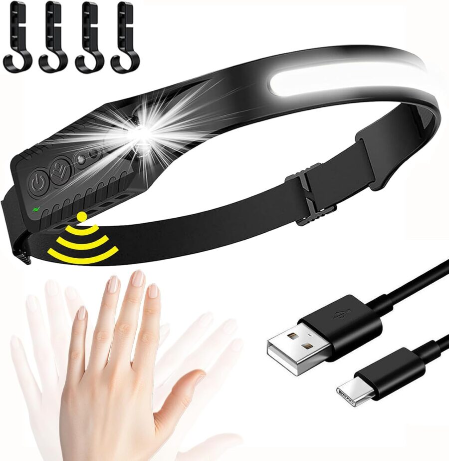 Led Headlamp Rechargeable, Headlight Headband Light Lumen with Red Motion Sensor Battery Powered, 230° Wide Beam Super Bright Head Lights for Forehead, Running Headlamp for Outdoor Camping, Working