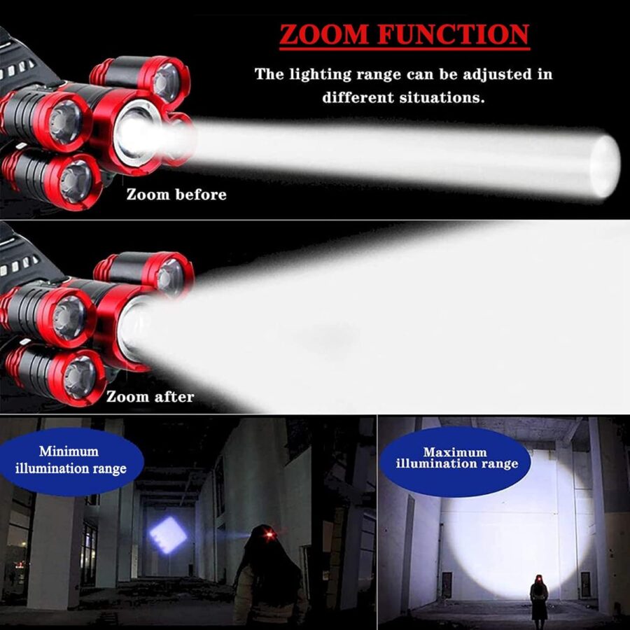 USB Rechargeable Headlamp 12000 Lumen Ultra Bright LED Work Headlight, 4 Modes Waterproof Head Lamp Best Headlamps for Adults, Camping, Outdoors & Hard Hat Work Zoomable Headlight (Red) - Image 2