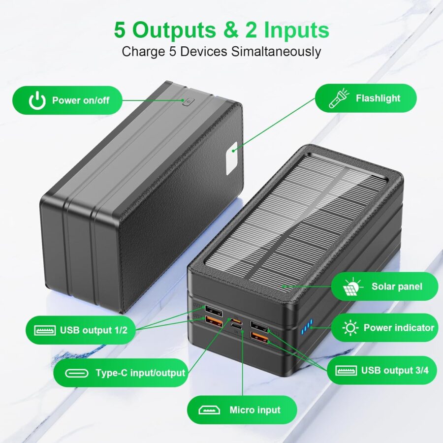 Solar Power Bank Battery Pack 80000mAh PD 22.5W Fast Charging Cellephone Charger USB-C in&Out with 9 LED Lights 3 Modes Flashlight Compatible with iPhone Tablet Earphone for Camping Outdoor - Image 2