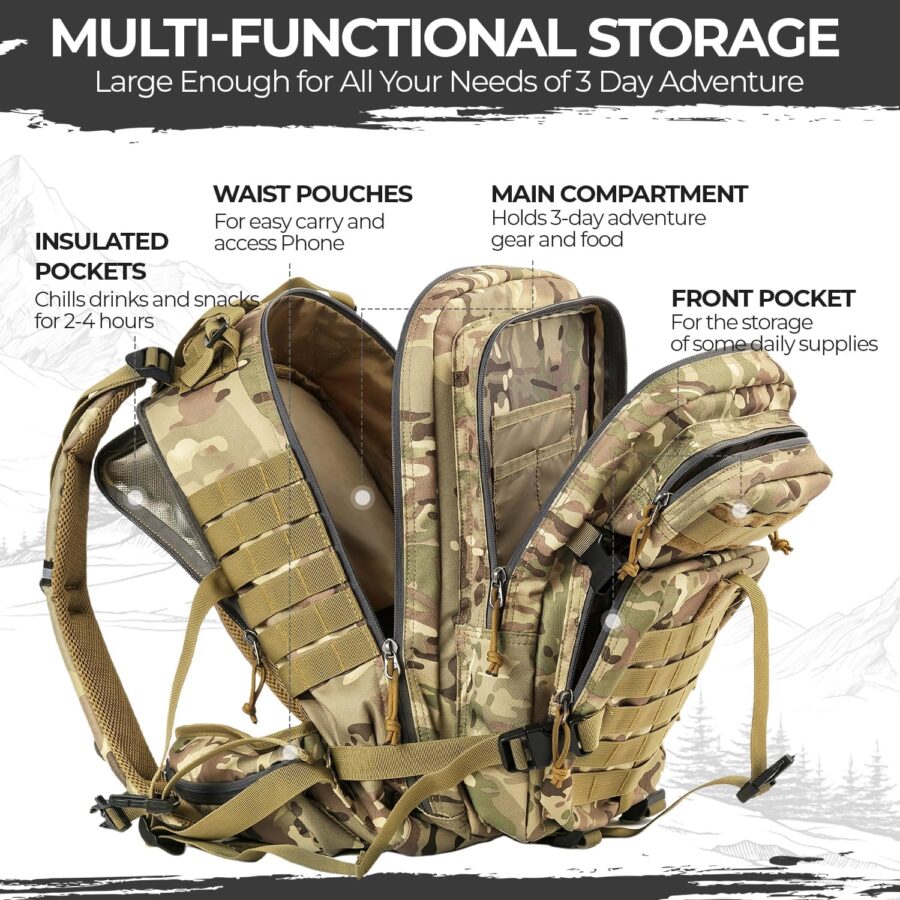 Outdoor Tactical Backpack Military for Men - Army Style  Survival Rucksack - 3 Day Assault Pack for Travel Hiking Hunting Camping Gym Camouflage Tan - Image 2